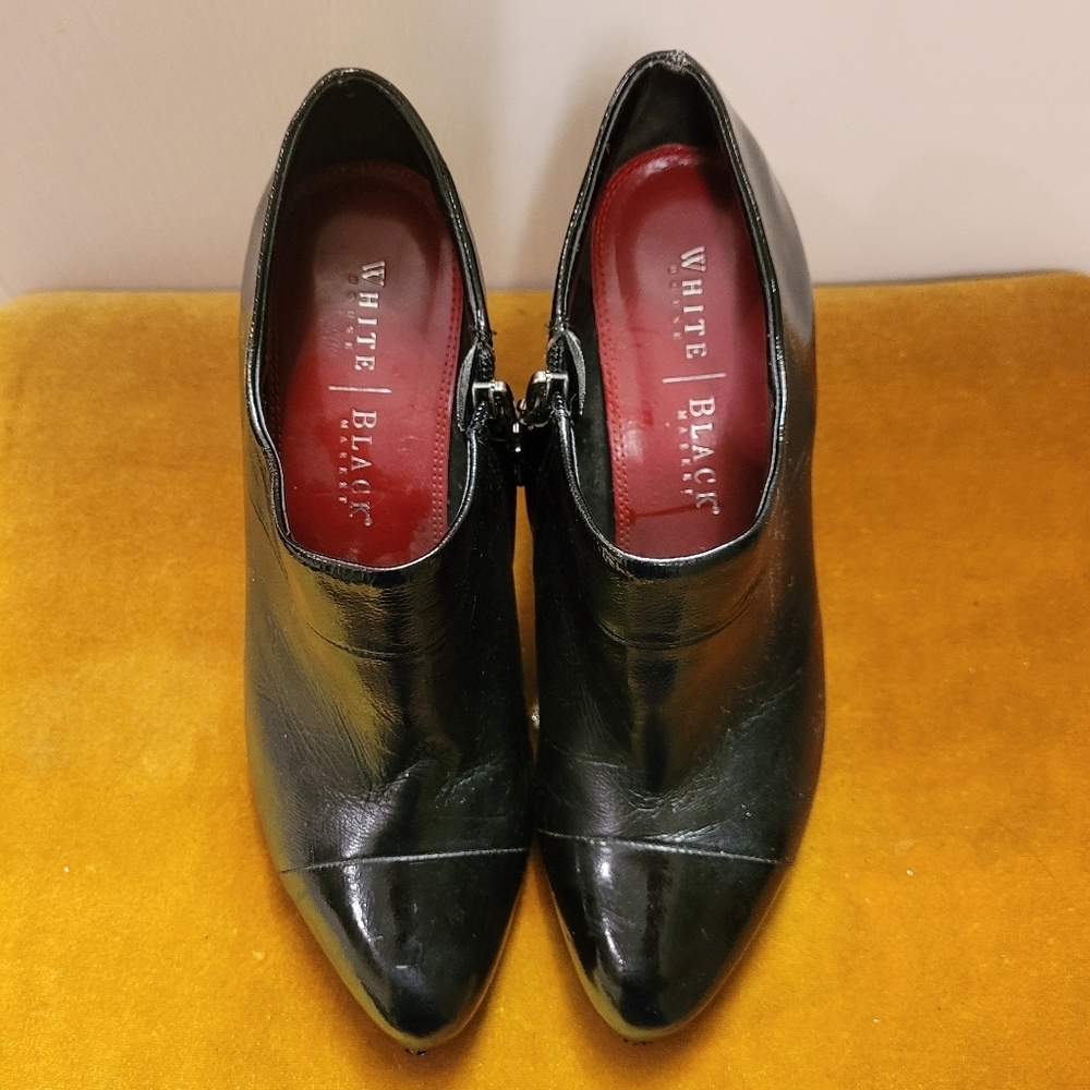 WHBM Chic Black Patent Leather Side Zip Slant Heel Ankle Bootie - Picture 12 of 16